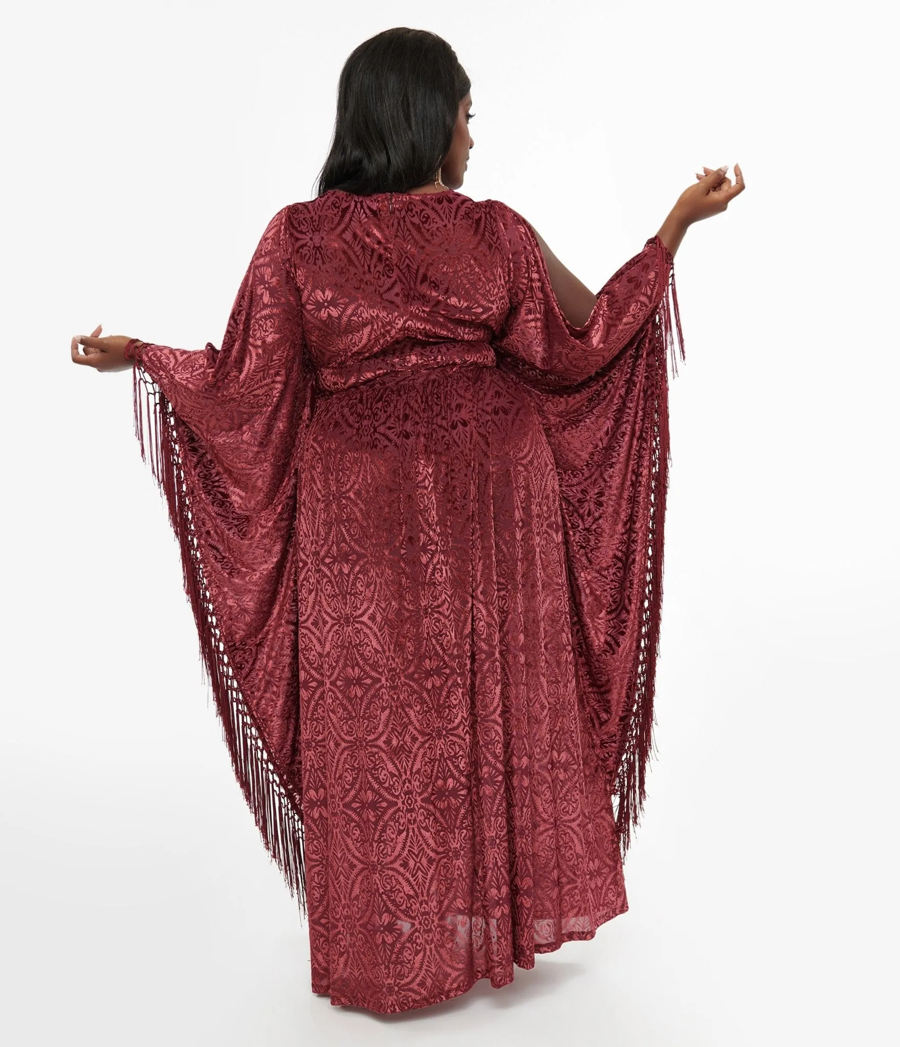 Unique Vintage Plus Size 1960s Burgundy Velvet Burnout Caftan Casual Everyday Look