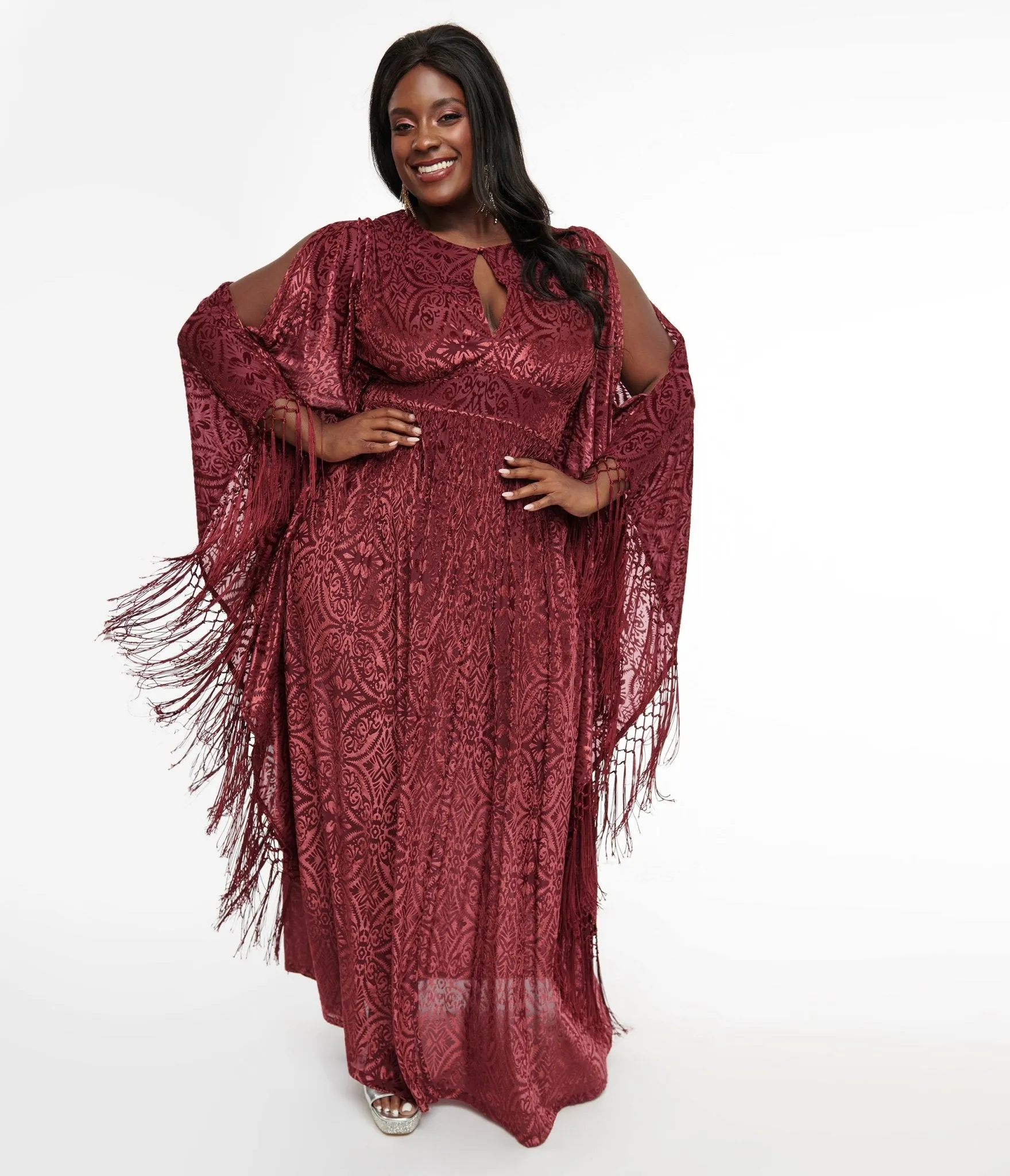 Unique Vintage Plus Size 1960s Burgundy Velvet Burnout Caftan Casual Everyday Look