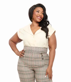 Unique Vintage Plus Size 1960s Dark Cream Twill Sleeveless Blouse Easy Date Night