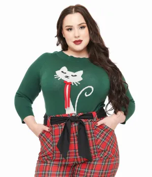 Unique Vintage Plus Size 1960s Forest Green & Cream Cat Lorelai Sweater Easy Date Night
