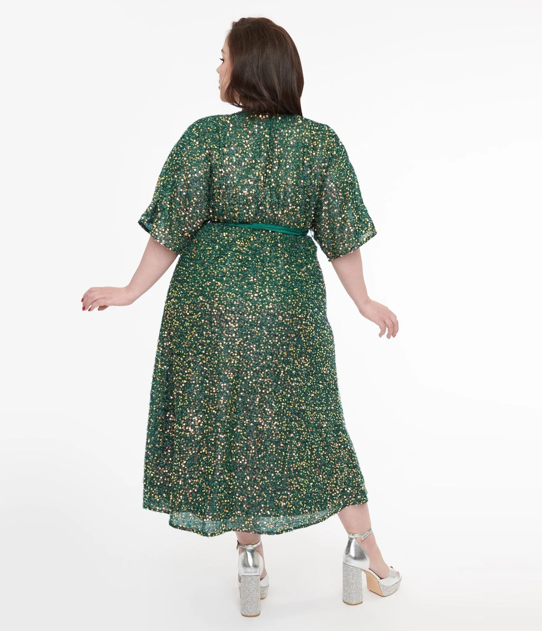 Unique Vintage Plus Size 1960s Green Sequin Wrap Midi Dress Casual Everyday Look
