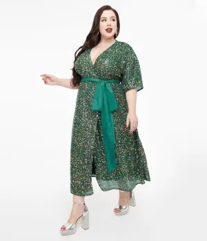 Unique Vintage Plus Size 1960s Green Sequin Wrap Midi Dress Casual Everyday Look