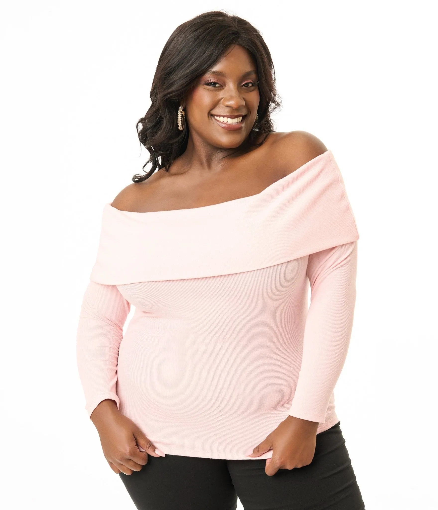 Unique Vintage Plus Size 1960s Light Pink Folded Shoulder Knit Top Easy Date Night