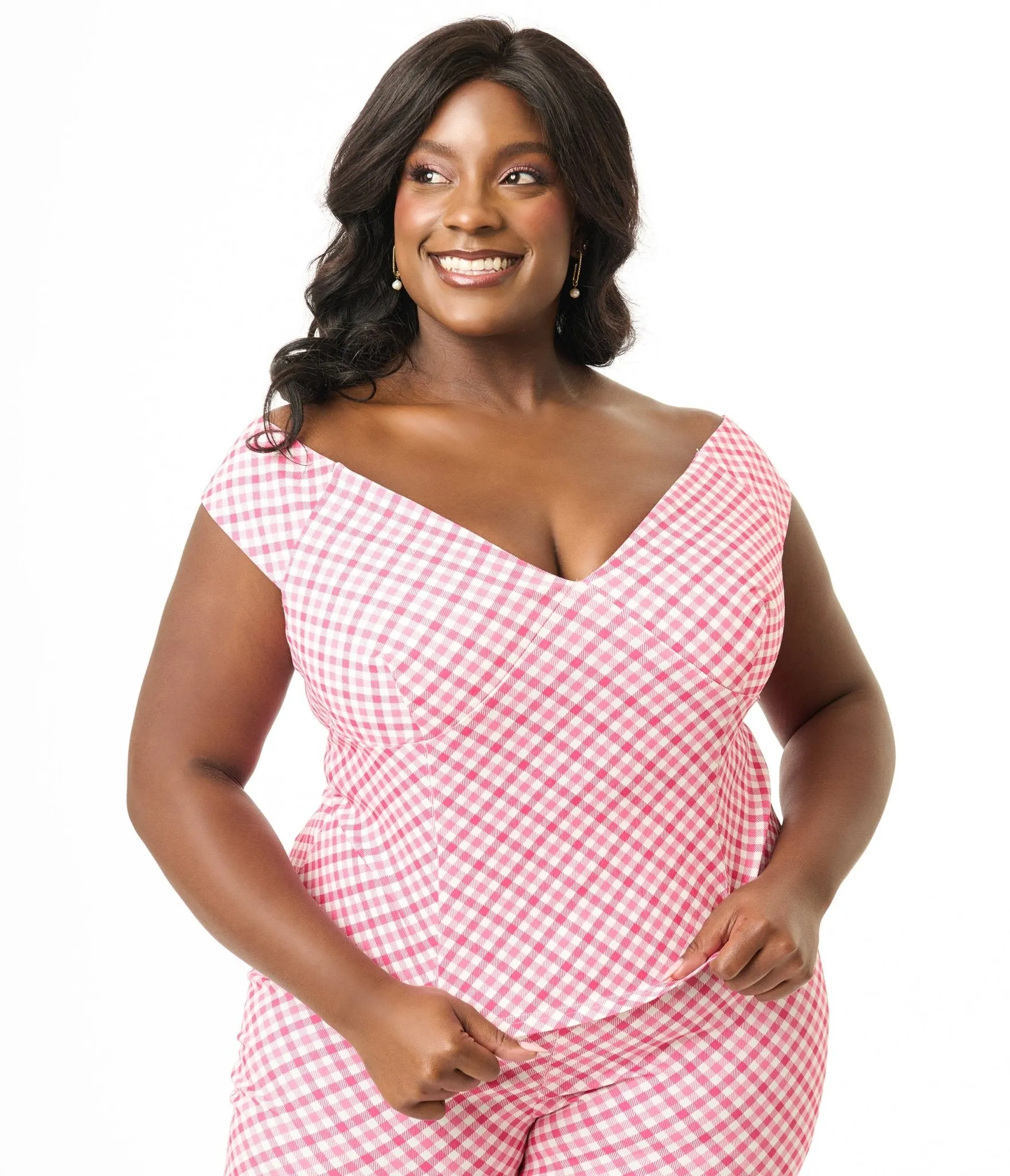 Unique Vintage Plus Size 1960s Pink & White Gingham Off The Shoulder Violet Top Easy Date Night