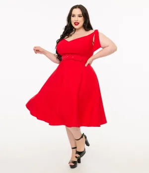 Unique Vintage Plus Size 1960s Red Off The Shoulder Swing Dress Casual Everyday Look