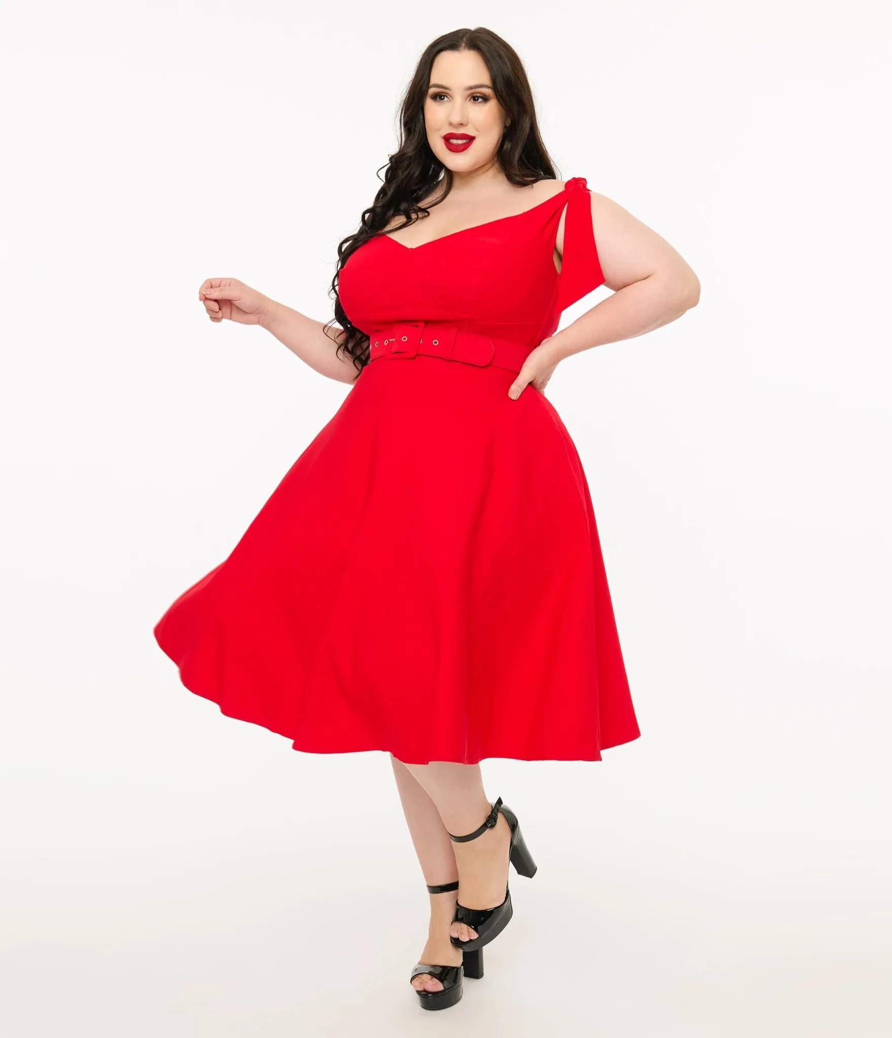 Unique Vintage Plus Size 1960s Red Off The Shoulder Swing Dress Casual Everyday Look