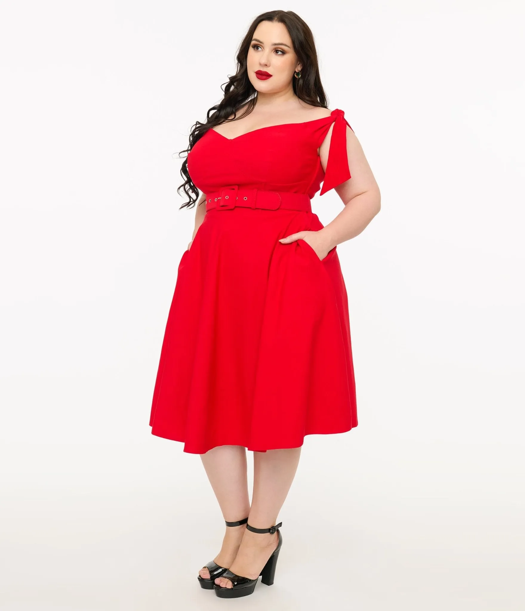 Unique Vintage Plus Size 1960s Red Off The Shoulder Swing Dress Casual Everyday Look