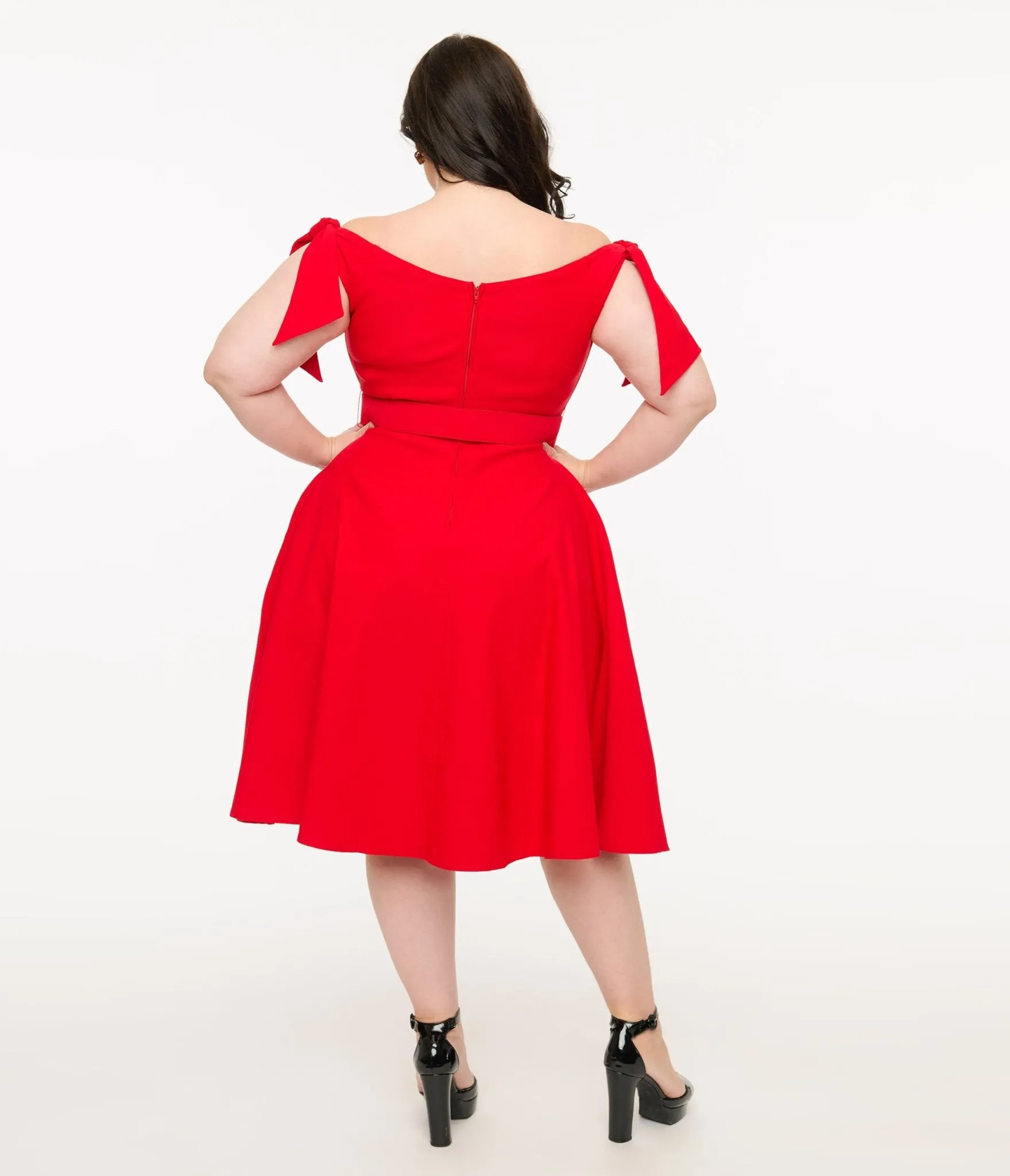Unique Vintage Plus Size 1960s Red Off The Shoulder Swing Dress Casual Everyday Look