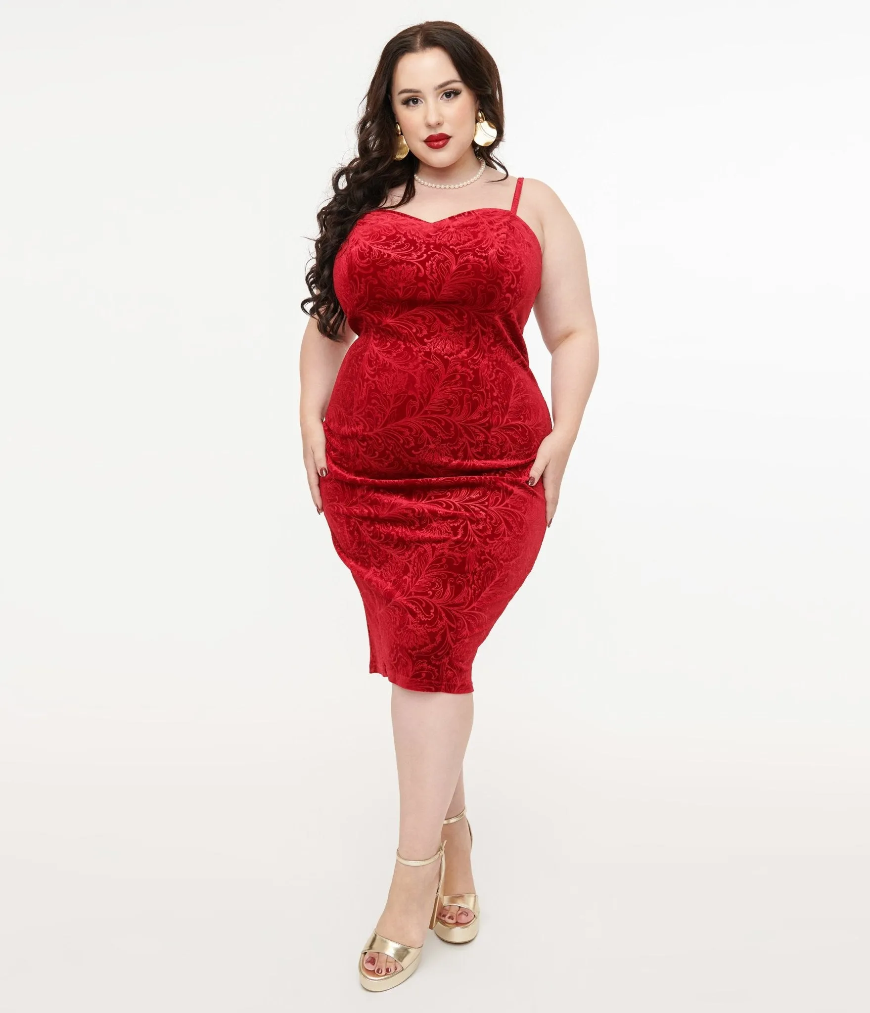 Unique Vintage Plus Size 1960s Red Velvet Ruffle Capelet Wiggle Dress Casual Everyday Look