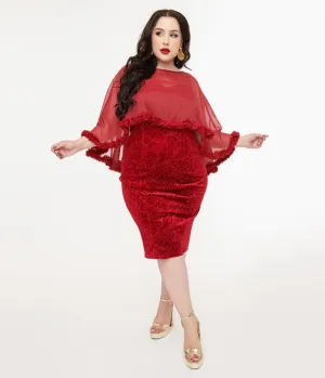 Unique Vintage Plus Size 1960s Red Velvet Ruffle Capelet Wiggle Dress Casual Everyday Look