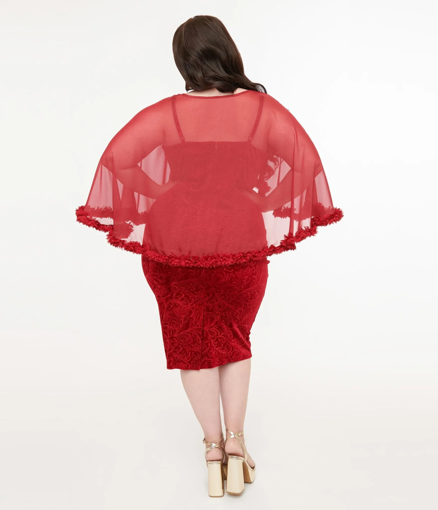Unique Vintage Plus Size 1960s Red Velvet Ruffle Capelet Wiggle Dress Casual Everyday Look