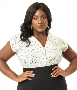 Unique Vintage Plus Size 1960s White & Ditzy Blue Floral Cotton Sleeveless Blouse Easy Date Night