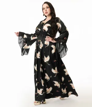 Unique Vintage Plus Size 1970s Black Crane Print Maxi Dress Casual Everyday Look