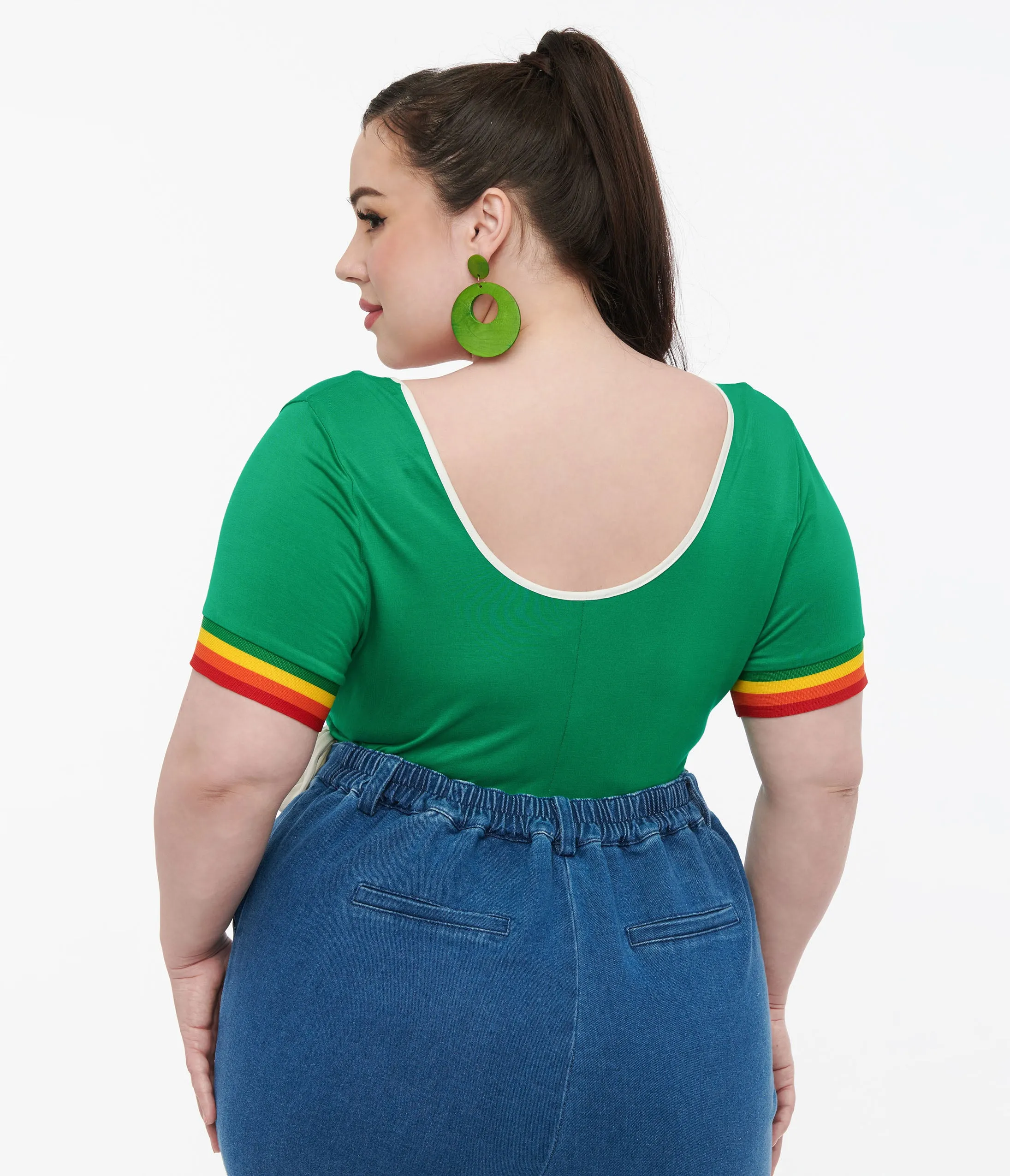 Unique Vintage Plus Size 1970s Green & Rainbow Heart Surplice Bodysuit Easy Date Night