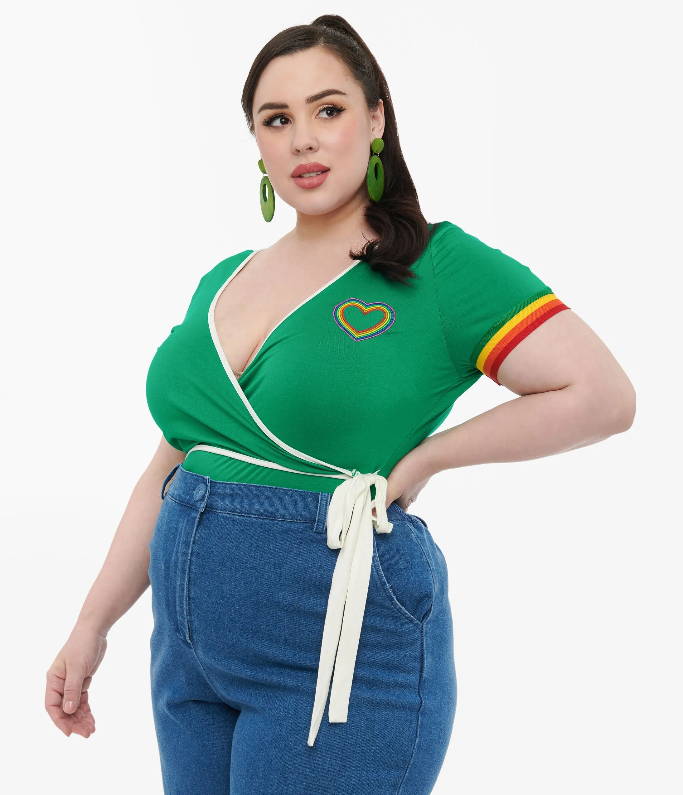 Unique Vintage Plus Size 1970s Green & Rainbow Heart Surplice Bodysuit Easy Date Night