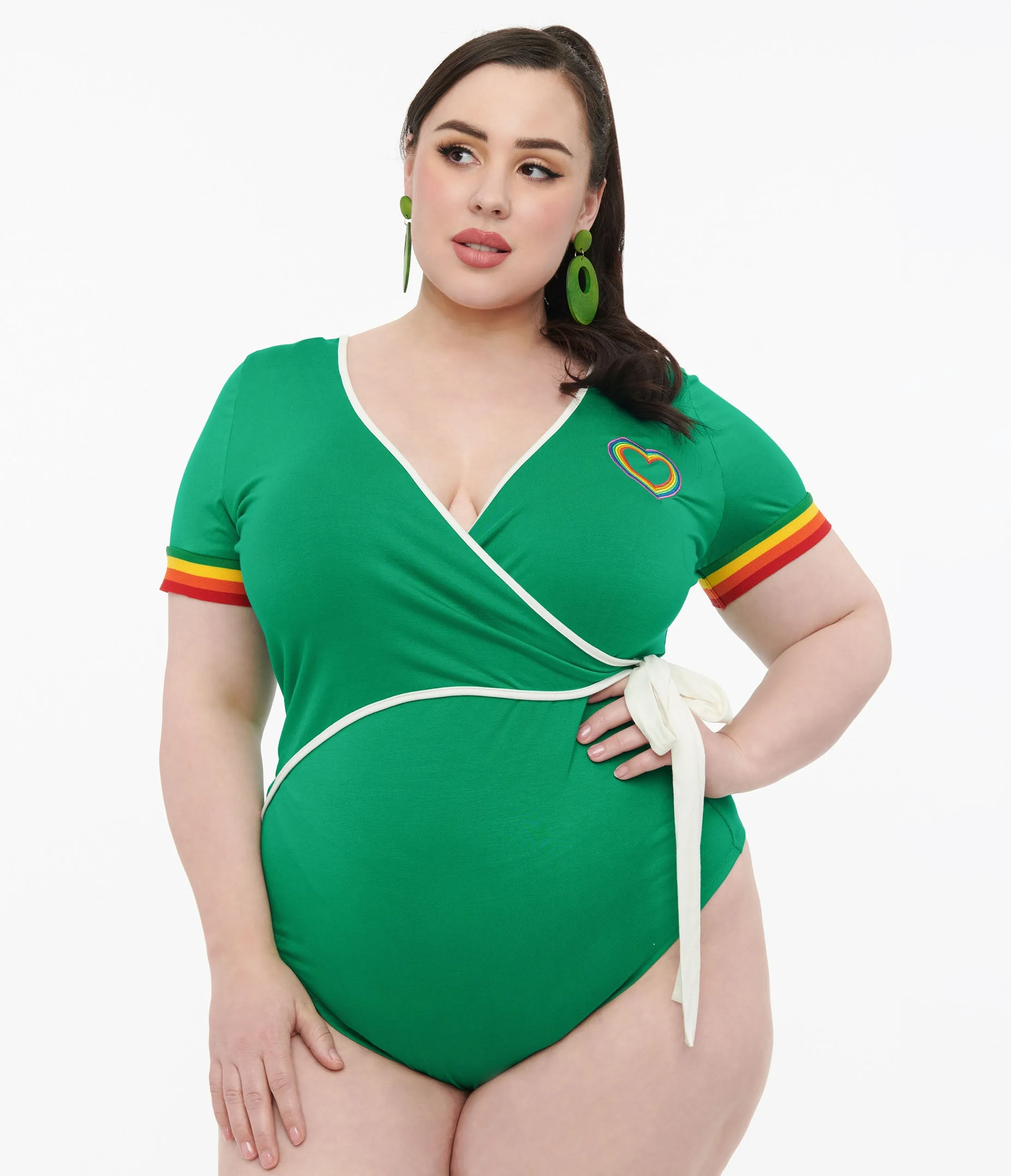 Unique Vintage Plus Size 1970s Green & Rainbow Heart Surplice Bodysuit Easy Date Night
