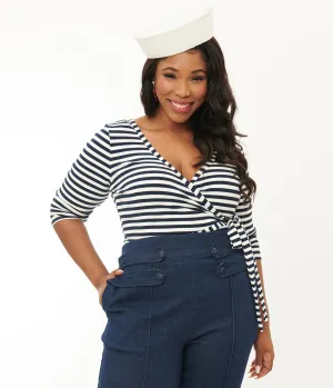 Unique Vintage Plus Size 1970s Navy & White Stripe Surplice Bodysuit Easy Date Night