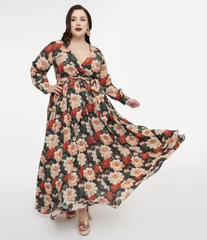 Unique Vintage Plus Size 1970s White & Red Floral Farrah Maxi Dress Casual Everyday Look