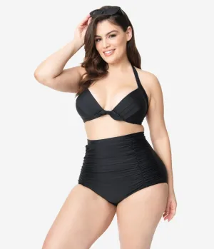 Unique Vintage Plus Size All Black Monroe High Waist Bikini Bottom Beach Vacation Ready