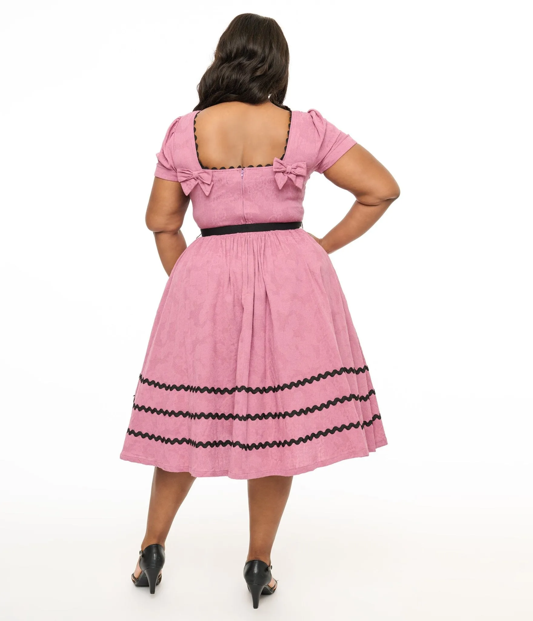 Unique Vintage Plus Size Berry & Black Cotton Swing Dress Casual Everyday Look
