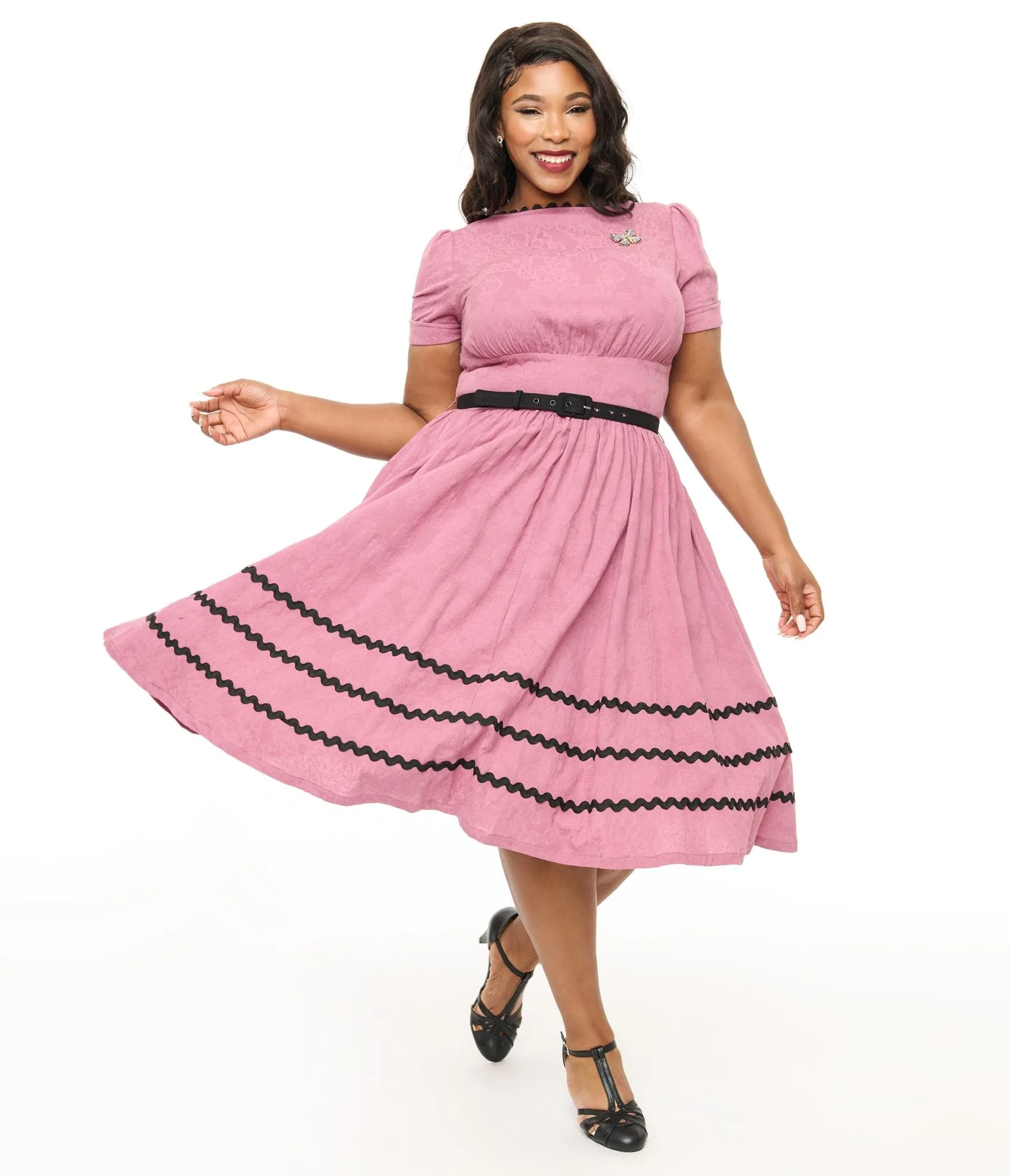 Unique Vintage Plus Size Berry & Black Cotton Swing Dress Casual Everyday Look