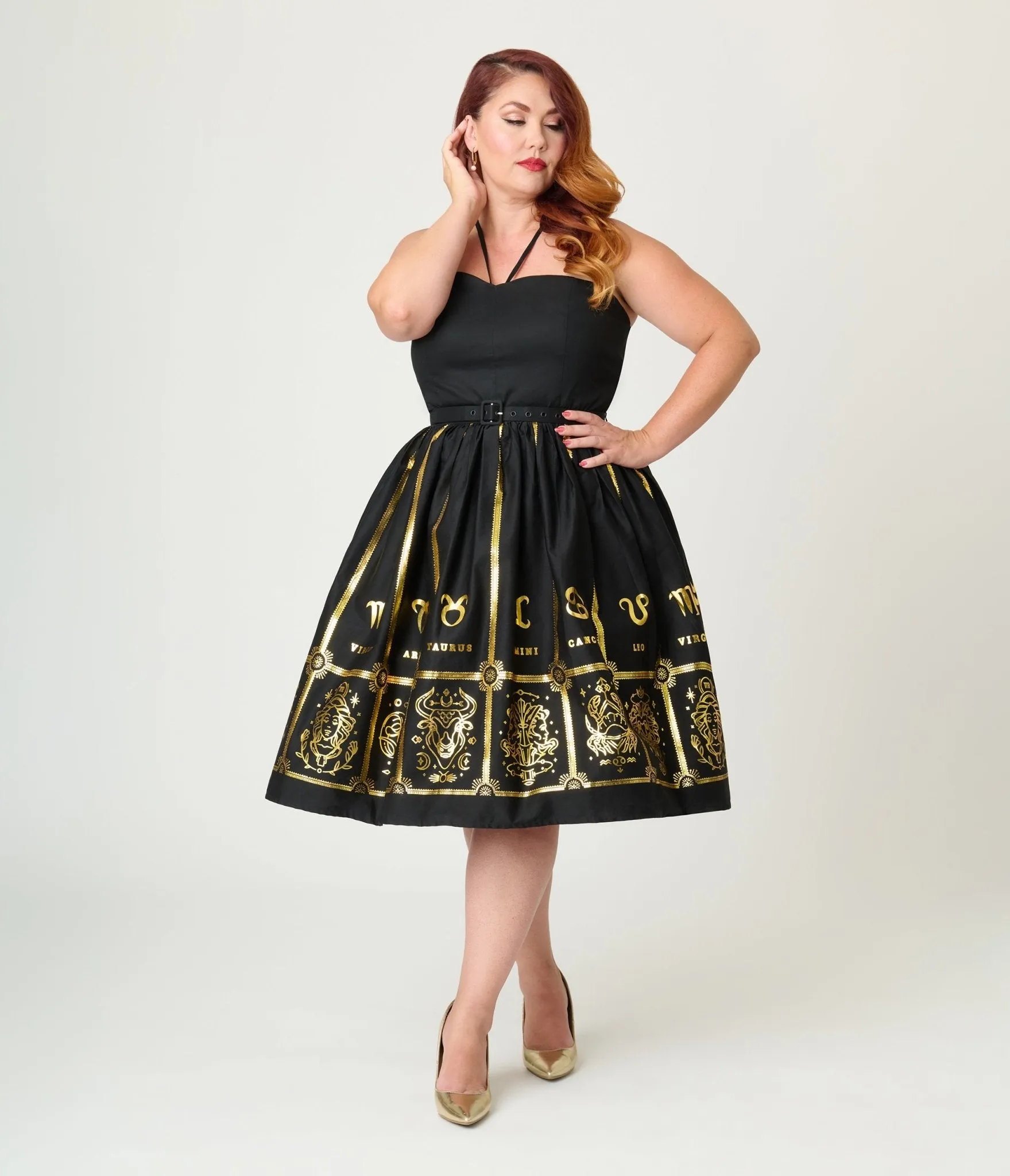 Unique Vintage Plus Size Black & Gold Astrological Chart Sweetheart Halter Swing Dress Casual Everyday Look