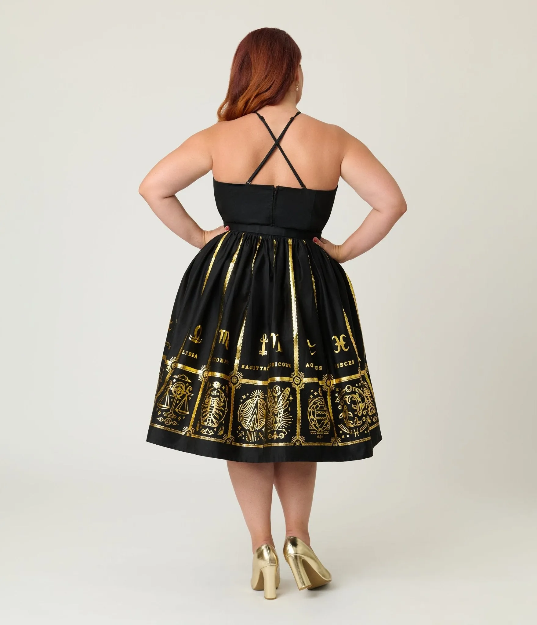 Unique Vintage Plus Size Black & Gold Astrological Chart Sweetheart Halter Swing Dress Casual Everyday Look