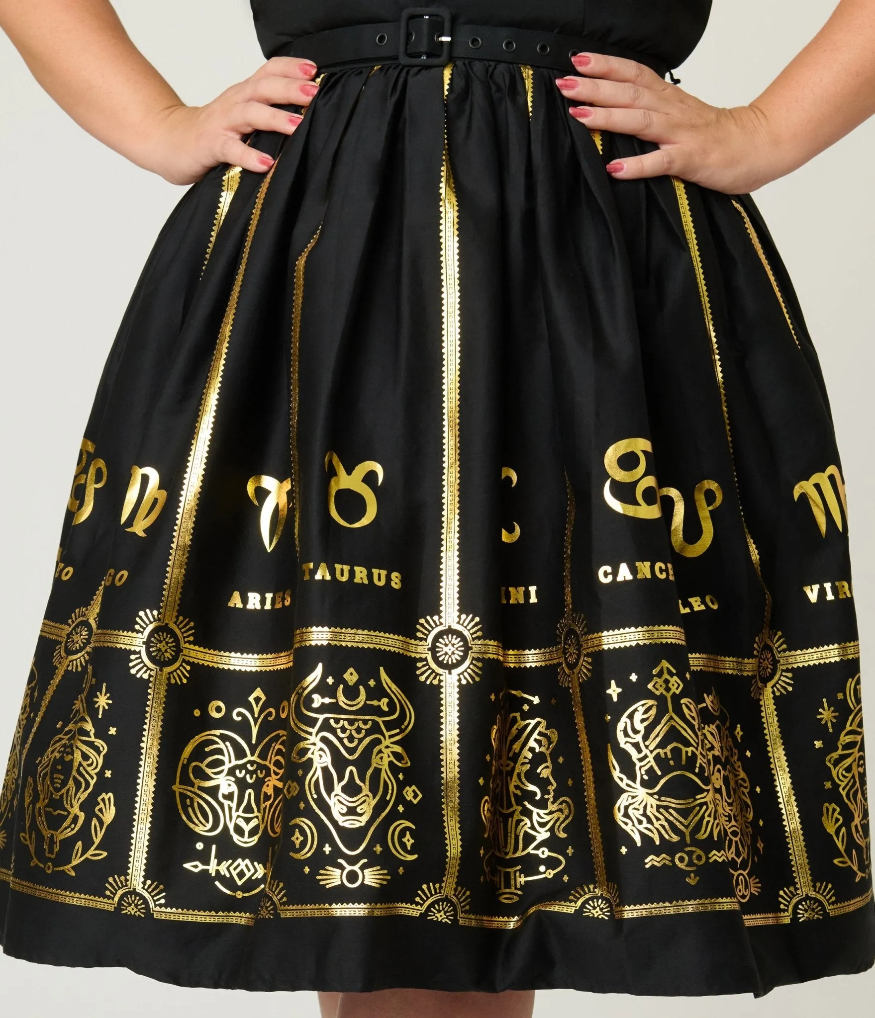Unique Vintage Plus Size Black & Gold Astrological Chart Sweetheart Halter Swing Dress Casual Everyday Look