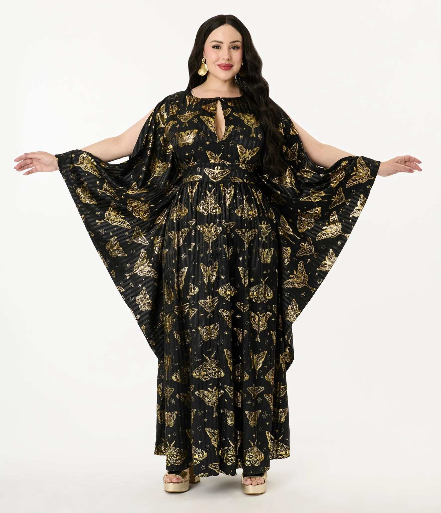 Unique Vintage Plus Size Black & Gold Moth Flutter Sleeve Caftan Casual Everyday Look