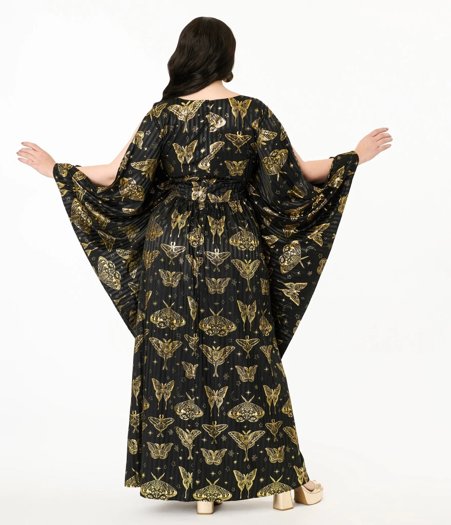 Unique Vintage Plus Size Black & Gold Moth Flutter Sleeve Caftan Casual Everyday Look