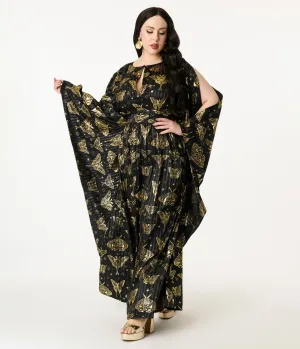 Unique Vintage Plus Size Black & Gold Moth Flutter Sleeve Caftan Casual Everyday Look