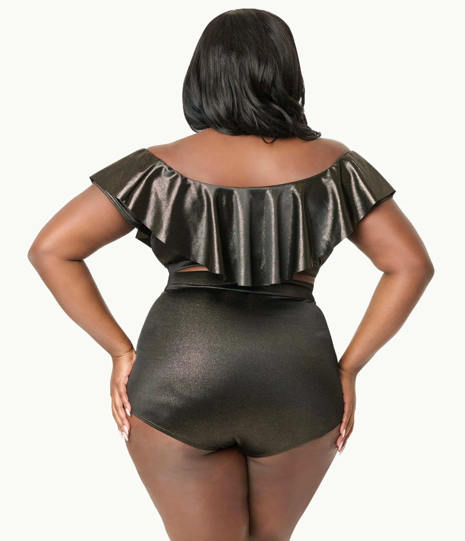 Unique Vintage Plus Size Black & Gold Shimmer Monroe High Waist Bikini Bottom Beach Vacation Ready
