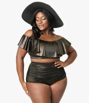 Unique Vintage Plus Size Black & Gold Shimmer Monroe High Waist Bikini Bottom Beach Vacation Ready