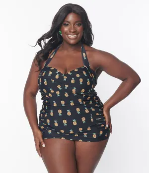 Unique Vintage Plus Size Black & Pineapple Print Corinne Sheath Swimsuit Beach Vacation Ready