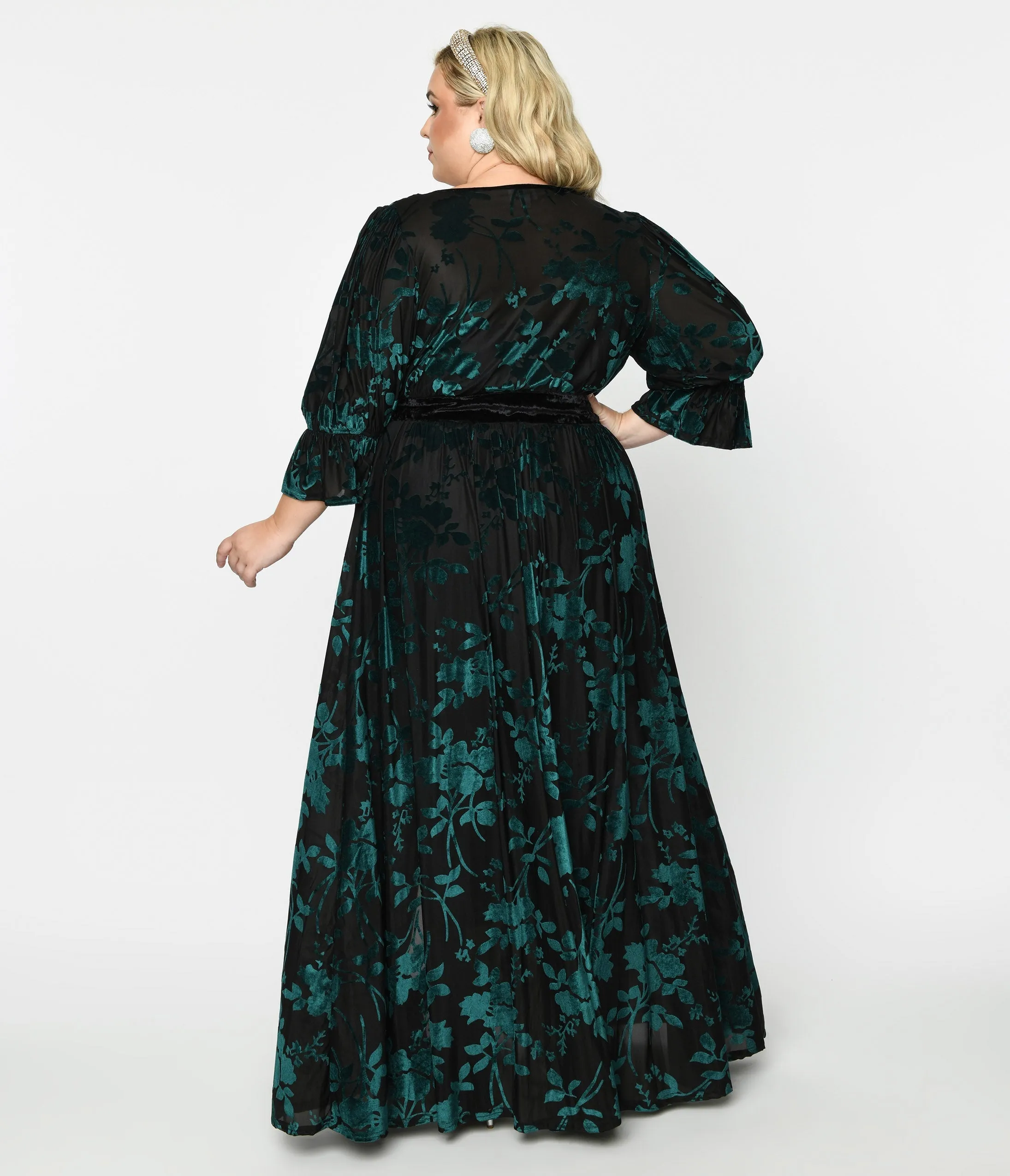 Unique Vintage Plus Size Black & Teal Floral Velvet Burnout Duster Casual Everyday Look