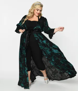 Unique Vintage Plus Size Black & Teal Floral Velvet Burnout Duster Casual Everyday Look
