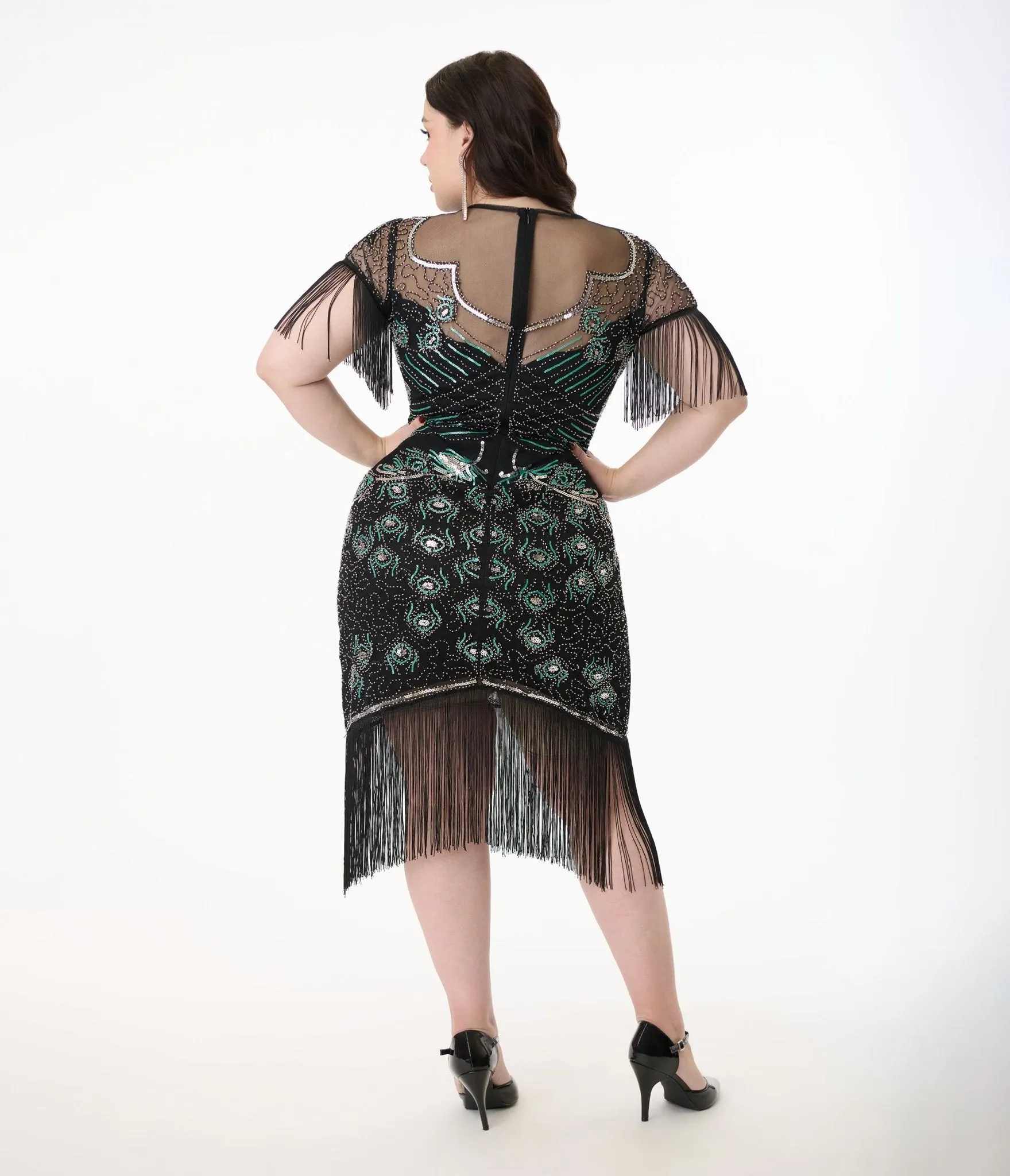Unique Vintage Plus Size Black & Teal Peacock Beaded Nadine Fringe Flapper Dress Casual Everyday Look