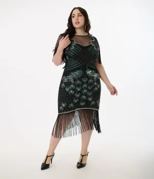 Unique Vintage Plus Size Black & Teal Peacock Beaded Nadine Fringe Flapper Dress Casual Everyday Look
