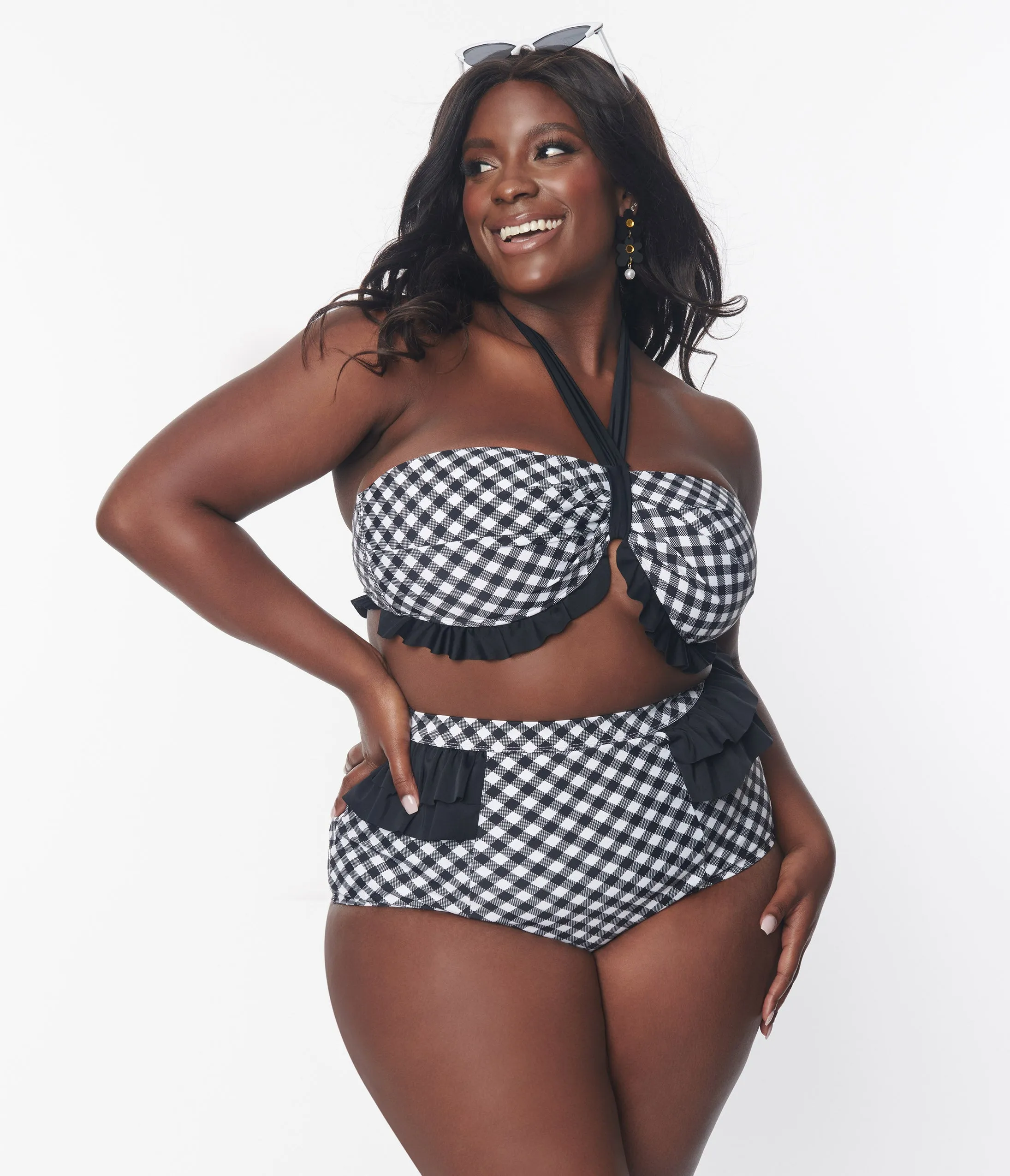 Unique Vintage Plus Size Black & White Bias Gingham Twist Front Halter Swim Top Beach Vacation Ready