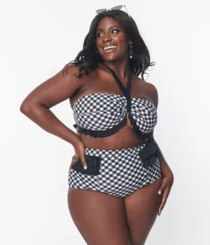 Unique Vintage Plus Size Black & White Bias Gingham Twist Front Halter Swim Top Beach Vacation Ready