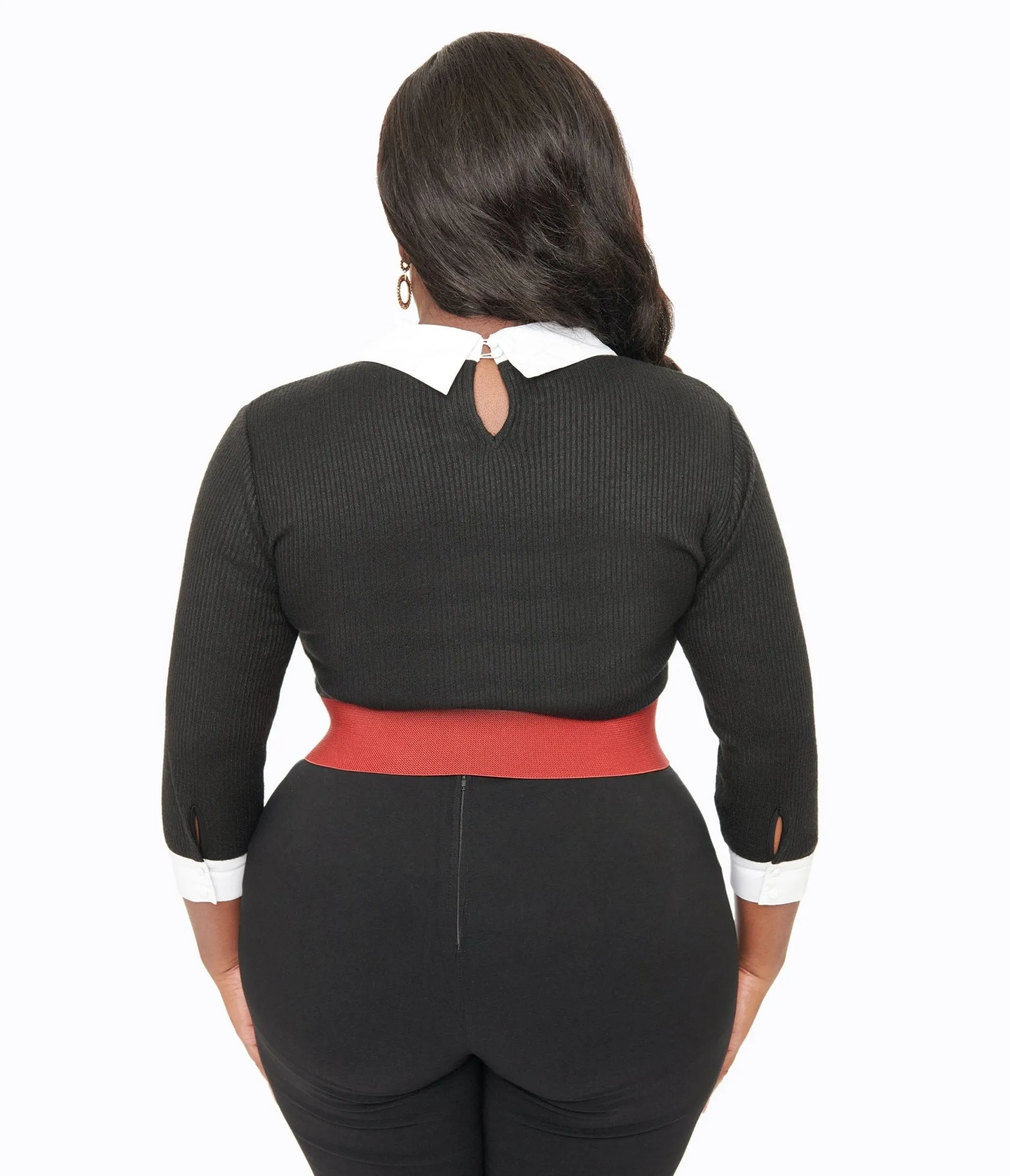 Unique Vintage Plus Size Black & White Candy Cane Print Contrast Sabrina Sweater Easy Date Night