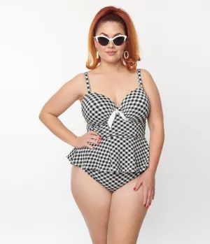 Unique Vintage Plus Size Black & White Gingham Daphne Swim Bottoms Beach Vacation Ready