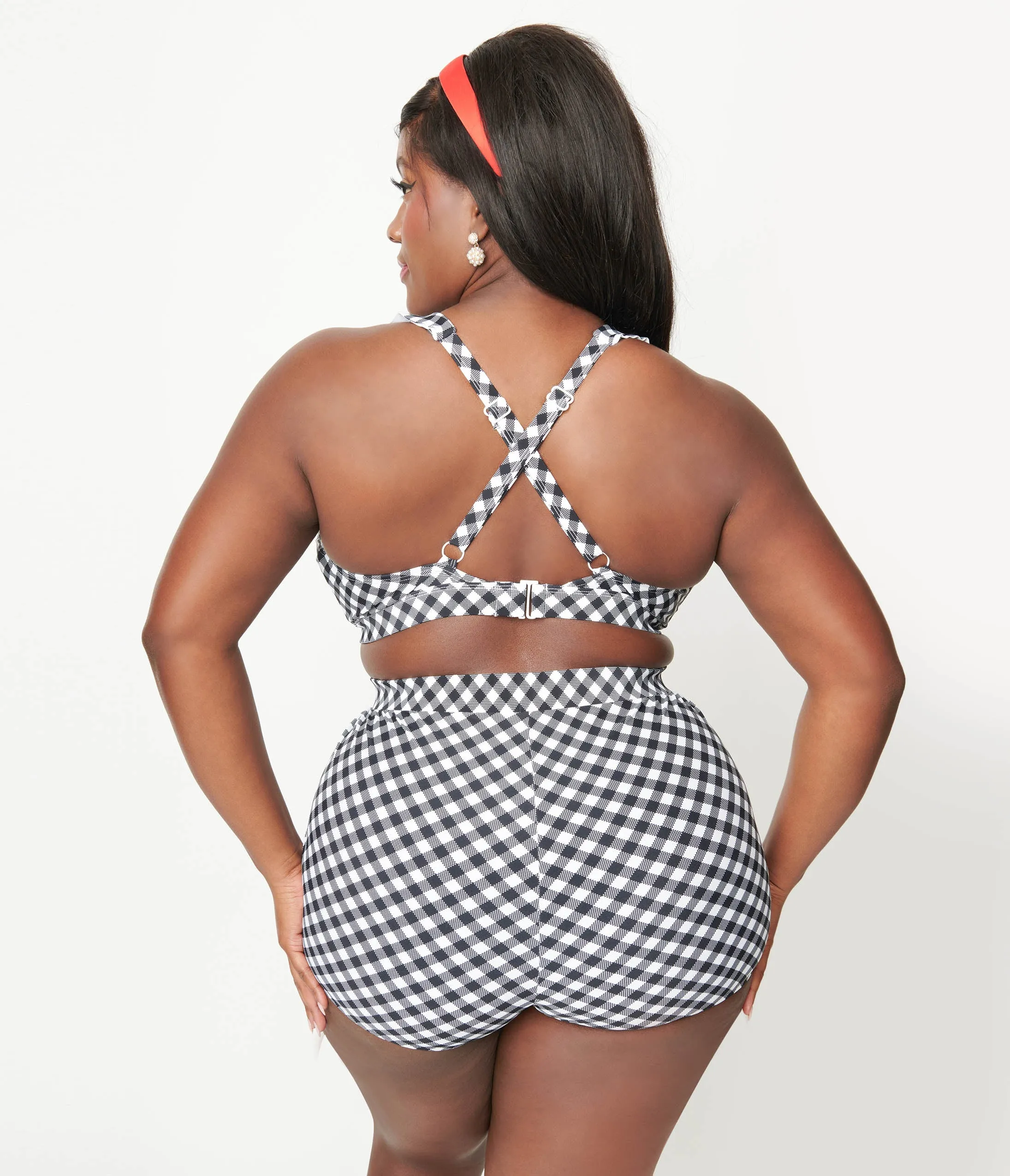 Unique Vintage Plus Size Black & White Gingham Halter Swim Top Beach Vacation Ready