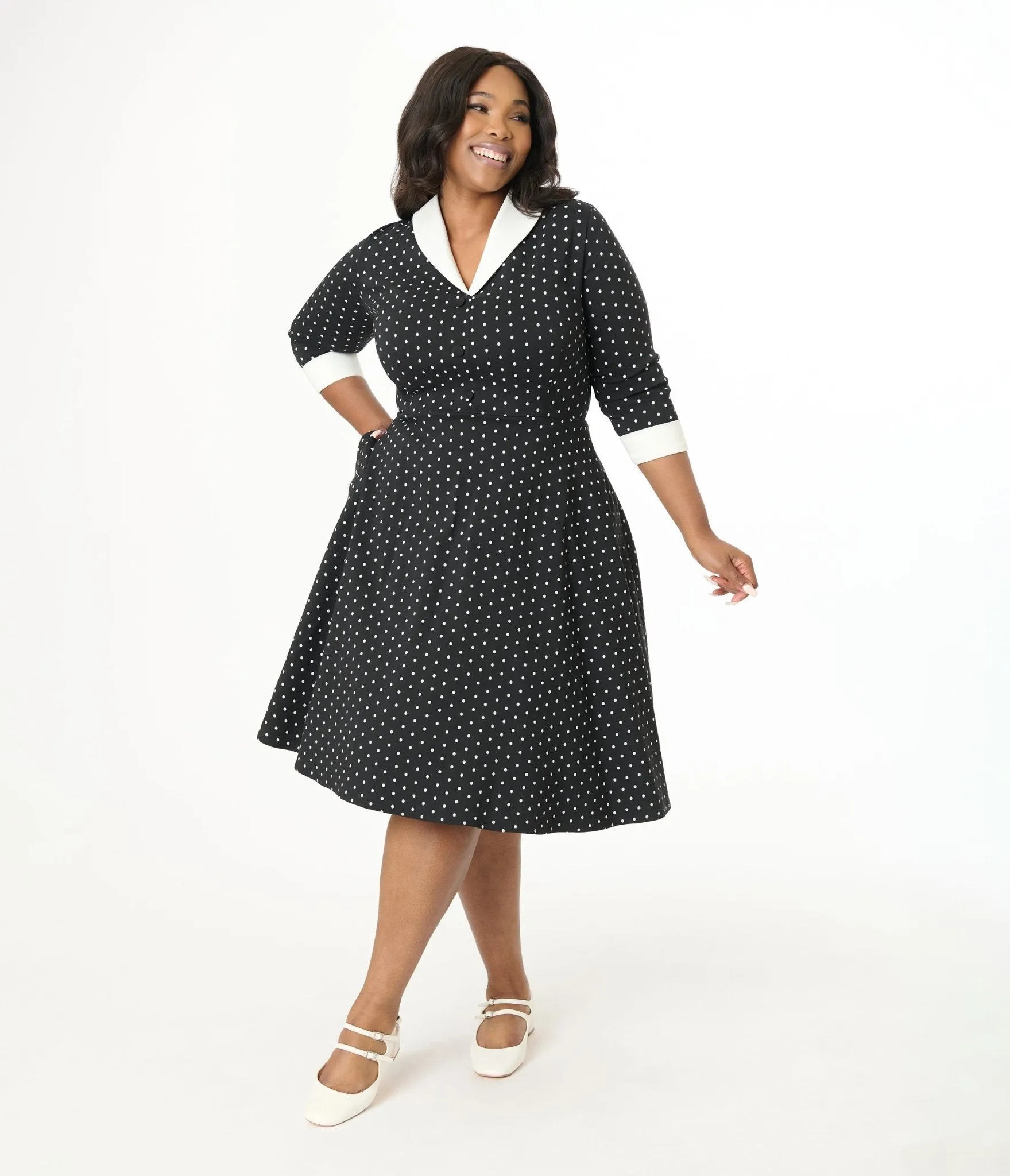 Unique Vintage Plus Size Black & White Pin Dot Shirt Dress Casual Everyday Look