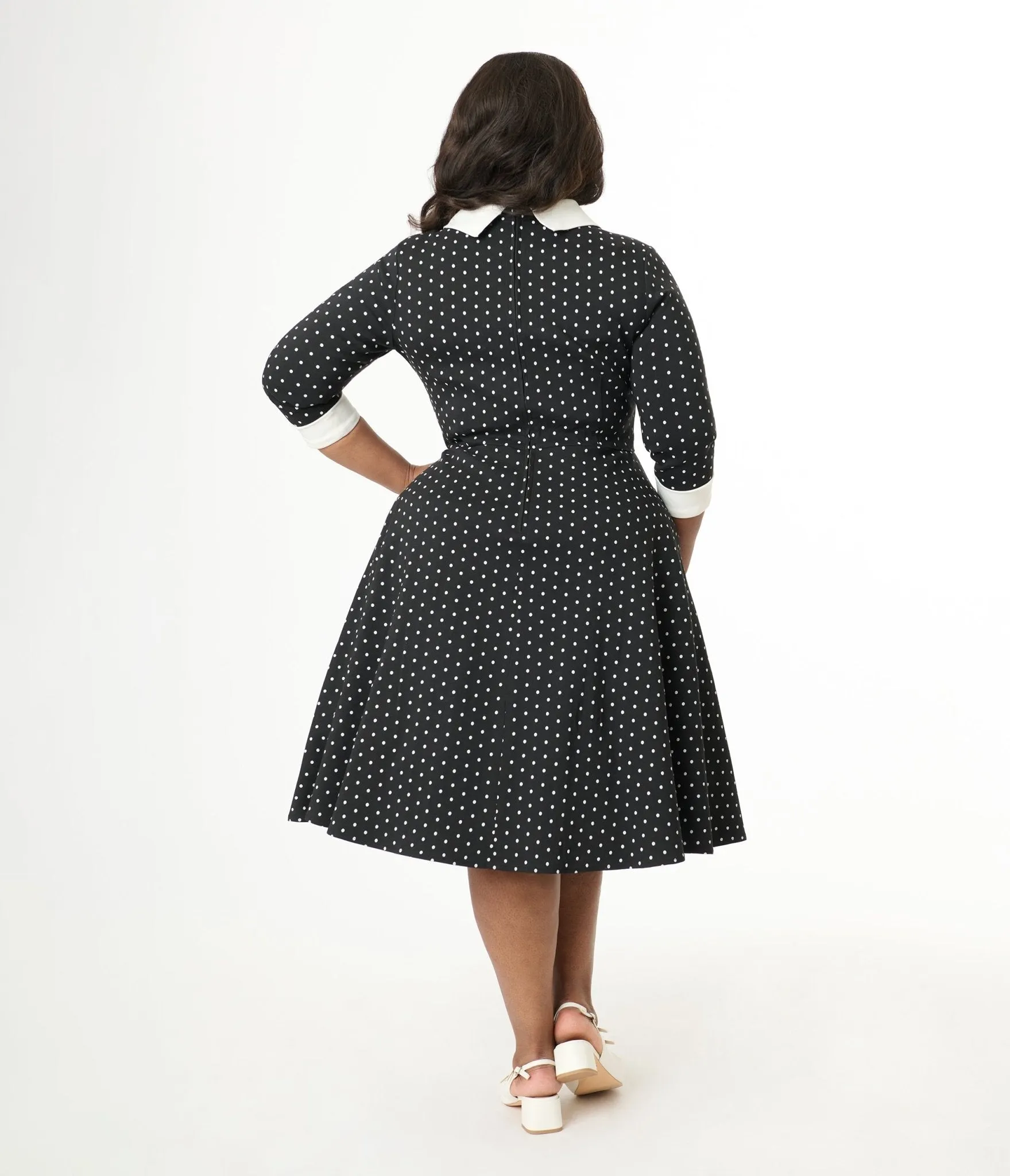 Unique Vintage Plus Size Black & White Pin Dot Shirt Dress Casual Everyday Look