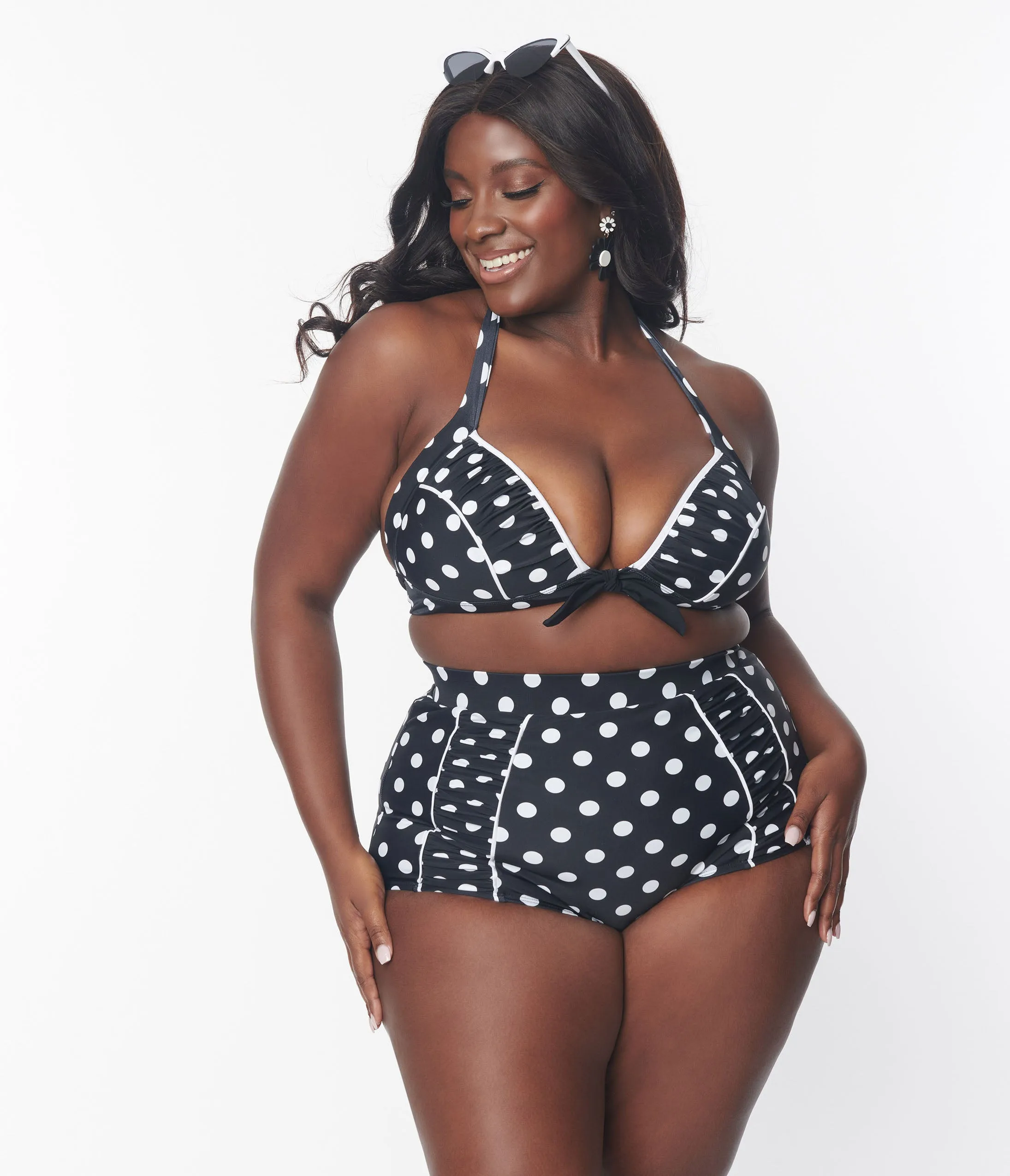 Unique Vintage Plus Size Black & White Polka Dot Halter Swim Top Beach Vacation Ready