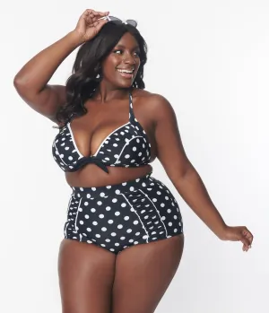 Unique Vintage Plus Size Black & White Polka Dot Halter Swim Top Beach Vacation Ready