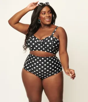 Unique Vintage Plus Size Black & White Polka Dot High Waist Louise Swim Bottoms Beach Vacation Ready