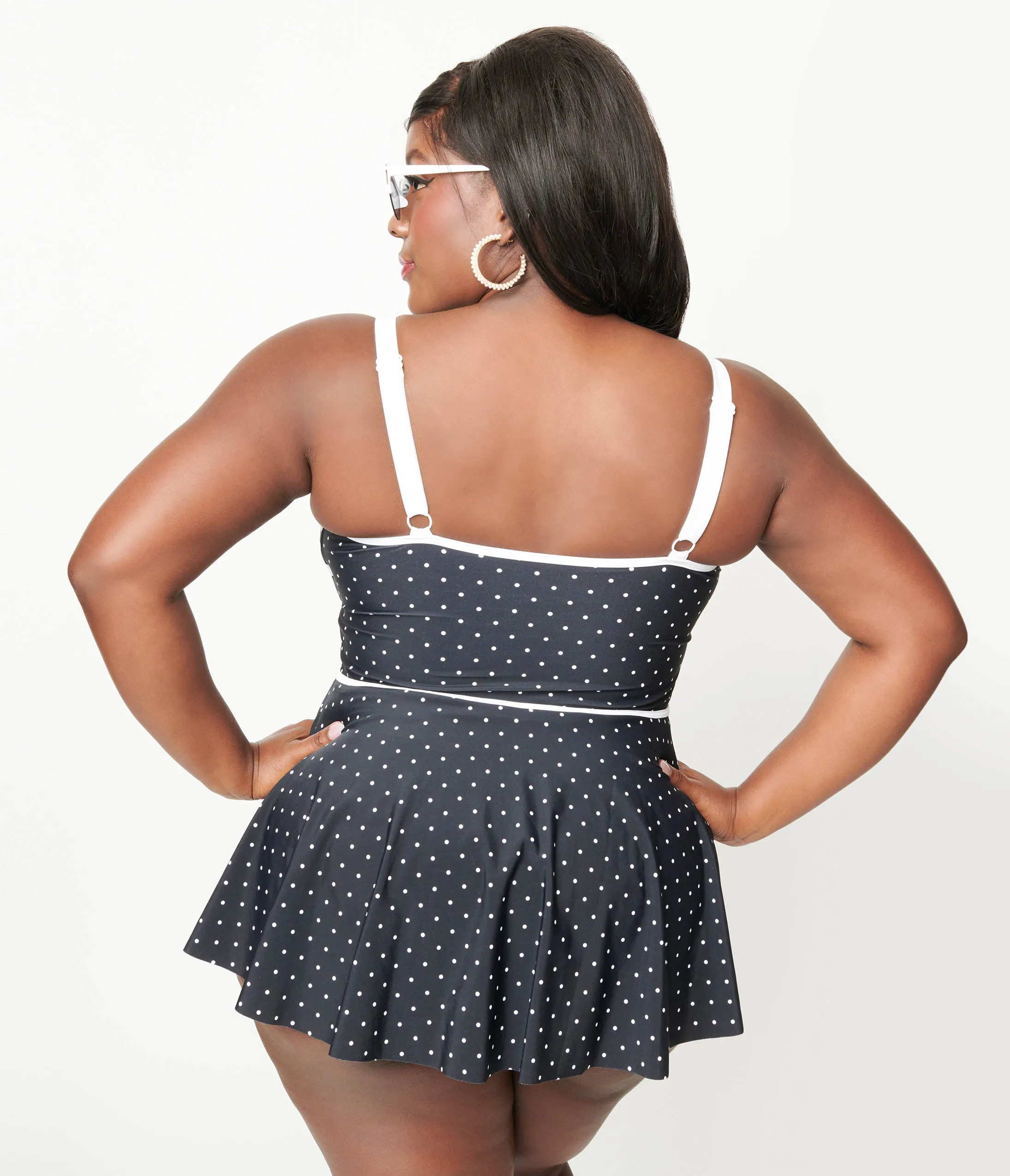 Unique Vintage Plus Size Black & White Polka Dot Skirted Swimsuit Beach Vacation Ready