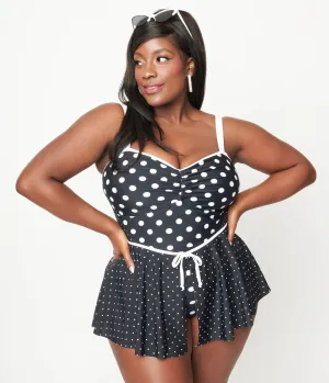 Unique Vintage Plus Size Black & White Polka Dot Skirted Swimsuit Beach Vacation Ready